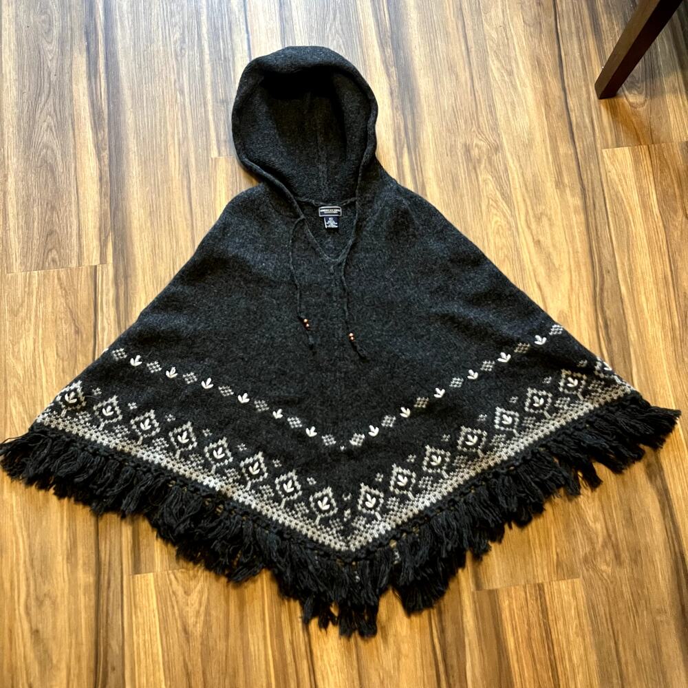 VTG American Eagle Shetland Wool Cape Hooded Medium Large Knitted Fair Isle Boho